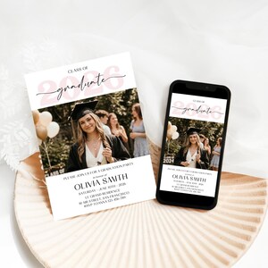 Modern photo graduation invitation and mobile evite in soft pink featuring a framed graduate portrait, bold white and metallic gold Class of 2026 text, with clean space for name, date, time, and location details.