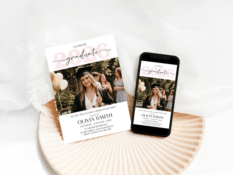 Modern photo graduation invitation and mobile evite in soft pink featuring a framed graduate portrait, bold white and metallic gold Class of 2026 text, with clean space for name, date, time, and location details.