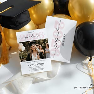 Modern blush-pink graduation announcement card with a placeholder for a graduate’s photo, featuring bold Class of 2026 text in clean sans-serif font and minimal white accents, formatted for both a printable invitation and mobile evite delivery.