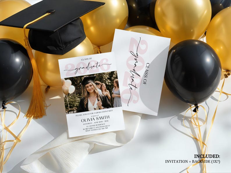 Modern blush-pink graduation announcement card with a placeholder for a graduate’s photo, featuring bold Class of 2026 text in clean sans-serif font and minimal white accents, formatted for both a printable invitation and mobile evite delivery.