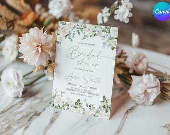 Invitación para despedida de soltera con flores blancas, invitación para despedida de soltera con rosas color crema, plantilla digital de invitación para despedida de soltera con follaje, tarjeta de felicitación para despedida de soltera color salvia