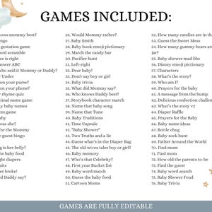May include: A printable baby shower game list with 76 games, including "Who knows mommy best?" and "Baby bingo." The design features a watercolor background with a crescent moon and stars. The text "GAMES INCLUDED" is at the top.