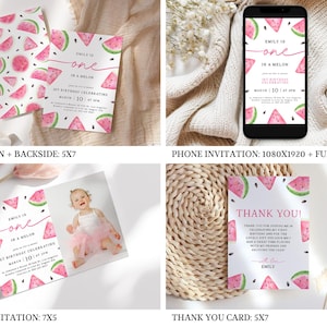 May include: Watermelon-themed printable invitations and thank you card for a first birthday party. The invitation features a watercolor illustration of watermelons and the text "Emily is one in a melon". The thank you card features a similar design with the text "Thank you!" and "Emily".