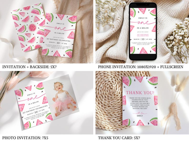 May include: Watermelon-themed printable invitations and thank you card for a first birthday party. The invitation features a watercolor illustration of watermelons and the text "Emily is one in a melon". The thank you card features a similar design with the text "Thank you!" and "Emily".