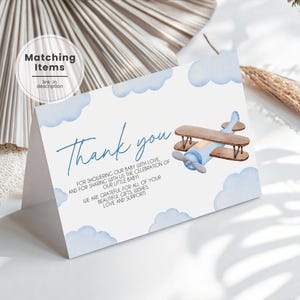 Carte de remerciement aviateur baby shower, carte de remerciement pliée baby shower de haut en bas, carte de correspondance pliée baby shower avion, remerciement de shower de voyage AL2