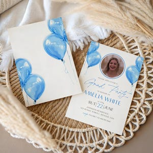 Carte d'invitation de remise des diplômes ballons, faire-part de fête des diplômés bleu, modèle d'invitation pour l'obtention du diplôme universitaire, invitation de remise des diplômes photo bleu et blanc