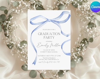 Blue Bow Graduation Invitation Template, Bow Grad Party Invitation Card, Elegant Graduation Invite, Blue Coquette Grad Party Invitation