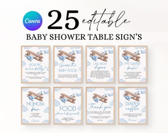 May include: A set of 25 editable baby shower table signs. Each sign features a watercolor illustration of a biplane with blue clouds. The signs include phrases like "How big is her belly?" and "Thank you!"