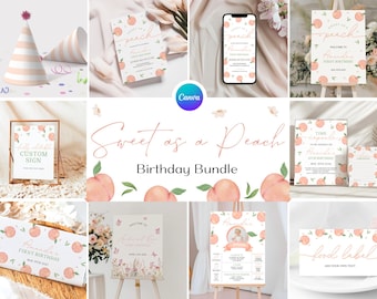 Sweet Peach 1st Birthday Bundle, Peach is Turning One Party Invite Set, Fruit First Birthday Invitation, Peach Birthday Decor Bundle PH2