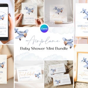 Vintage Flugzeug-Babyparty-Bundle, Up Up and Away Blue Party Bundle, Reise-Babyparty-Einladung, Time Flies Baby-Spiele-Bundle AR7
