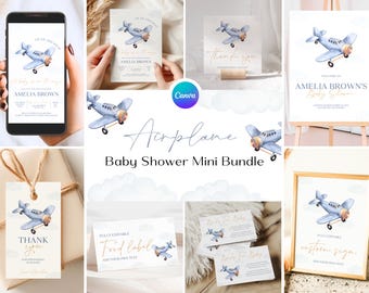 Vintage Airplane Baby Shower Bundle, Up Up and Away Blue Party Bundle, Travel Baby Shower Invitation, Time Flies Baby Games Bundle AR7