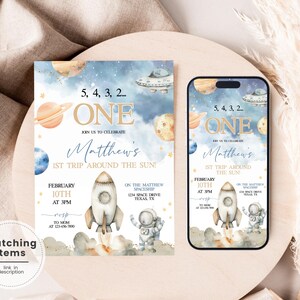 Astronaut 1st Birthday Invite and Evite – Rocket Galaxy Boy (Printable Digital Bundle) AT1