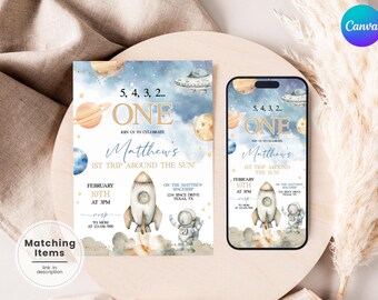 Astronaut 1st Birthday Invite and Evite – Rocket Galaxy Boy (Printable Digital Bundle) AT1