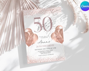Rosegold 50. Geburtstagseinladung, rosa Ballon fünfzig Geburtstag einladen, Glitter 50. Geburtstag Vorlage, fünfzig und fabelhafter Geburtstag einladen