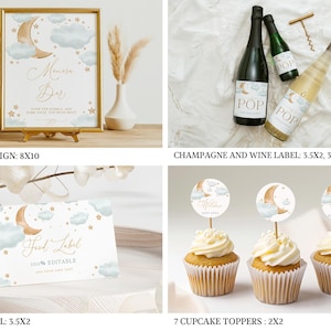 May include: A collection of party decorations with a celestial theme. Includes a gold-framed "Mimosa Bar" sign, champagne and wine labels, food labels, and cupcake toppers. The designs feature a crescent moon, clouds, and stars in soft colors.
