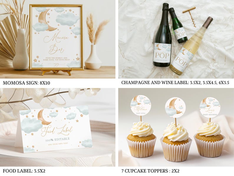 May include: A collection of party decorations with a celestial theme. Includes a gold-framed "Mimosa Bar" sign, champagne and wine labels, food labels, and cupcake toppers. The designs feature a crescent moon, clouds, and stars in soft colors.