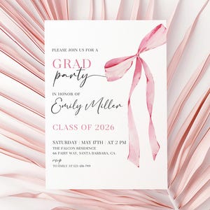 Pink Bow Graduation Invite, Coquette Graduation Invitation for Girl, Printable Bow Grad Party Invitation Template, Class 2025 Grad Invite