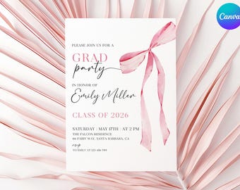 Pink Bow Graduation Invite, Coquette Graduation Invitation for Girl, Printable Bow Grad Party Invitation Template, Class 2026 Grad Invite