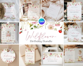 Wildflower 1st Birthday Bundle, Wild Floral Birthday Invite, Wildflower First Birthday Party Package, Garden 1st Birthday Invitation WL1