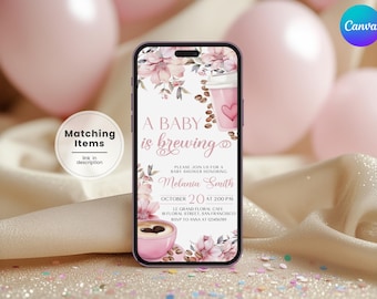 May include: A smartphone displays a baby shower invitation with floral and coffee-themed graphics. The text reads "A Baby is Brewing" with details for Melania Smith's shower on October 20th. Pink balloons and a Canva logo are in the background.