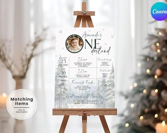 Op de afbeelding: Een gepersonaliseerd bord voor de eerste verjaardag op een houten ezel. Het bord bevat een foto van een baby, gewicht (11,3 kg), lengte (66 cm) en favoriete dingen. Het ontwerp heeft een winterbos thema.