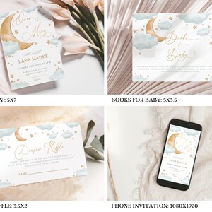 May include: A collection of baby shower stationery featuring a celestial theme. The designs include invitations, a diaper raffle card, and a "Books for Baby" card. Each card features a crescent moon, stars, and clouds in soft gold and blue hues. The invitation is 5x7 inches.