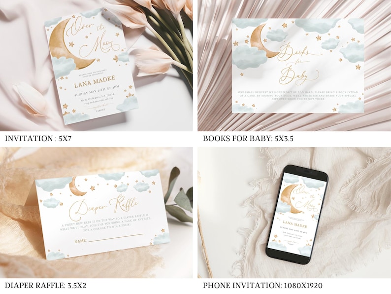 May include: A collection of baby shower stationery featuring a celestial theme. The designs include invitations, a diaper raffle card, and a "Books for Baby" card. Each card features a crescent moon, stars, and clouds in soft gold and blue hues. The invitation is 5x7 inches.