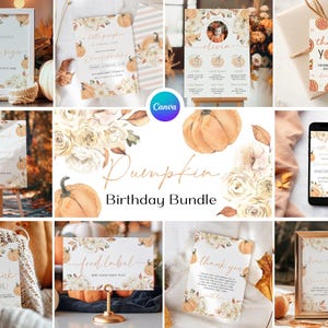 秋のパンプキン1歳の誕生日セット、花柄パンプキン1歳の誕生日招待状、小さなパンプキンの誕生日パーティーデコレーション、秋の1歳の誕生日セットAU2