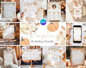 Fall Pumpkin 1st Birthday Bundle, Floral Pumpkin First Birthday Invite, Little Pumpkin Birthday Party Decor, Fall 1st Birthday Bundle AU2