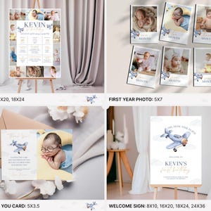 May include: A set of printable baby shower decorations featuring a blue airplane theme. The set includes a milestone chart, first year photo cards, a welcome sign, and a photo thank you card. The decorations are perfect for a baby boy's shower.