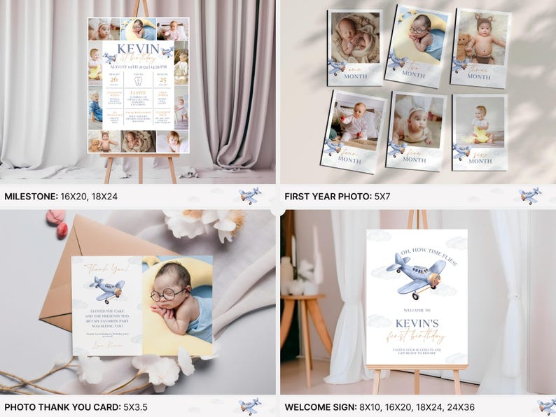 May include: A set of printable baby shower decorations featuring a blue airplane theme. The set includes a milestone chart, first year photo cards, a welcome sign, and a photo thank you card. The decorations are perfect for a baby boy's shower.