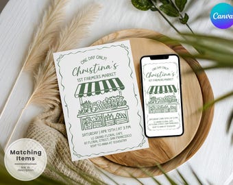Farmers Market 1st Birthday Invitation Set: Printable Card, Thank You Tag and Digital Evite - Digital Download FV1