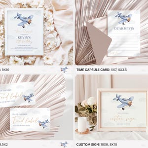 May include: Printable party decorations for a birthday party with a blue airplane theme. The set includes a time capsule card, a food label, a custom sign, and a time capsule invitation. The invitation features a blue airplane with white clouds and the text "Kevin's 1st Birthday".
