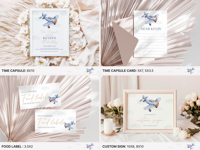 May include: Printable party decorations for a birthday party with a blue airplane theme. The set includes a time capsule card, a food label, a custom sign, and a time capsule invitation. The invitation features a blue airplane with white clouds and the text "Kevin's 1st Birthday".