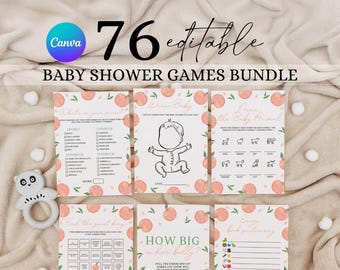 May include: A set of 76 printable baby shower game cards with peach and green floral designs. The cards feature games like "Guess the Baby Animal", "How Big is Her Belly", and "What's in Your Purse".