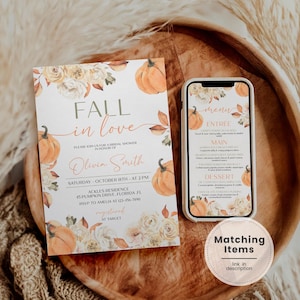Fall in Love Bridal Shower Invitation, Floral Pumpkin Bridal Shower Evite, Fall Floral Bridal Party Invite, Rustic Autumn Bridal Evite AU3