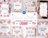 Printable One in a Melon Birthday Party Bundle, Watermelon 1st Birthday Invite Package, Summer Girl Birthday Party Decoration Set BK11