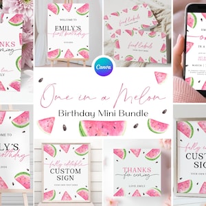 Peut inclure: Un ensemble de pancartes de fête à thème pastèque imprimables pour un premier anniversaire. Les pancartes comprennent une pancarte de bienvenue, une pancarte de remerciement, une étiquette alimentaire et une pancarte personnalisée. Les pancartes sont décorées d'illustrations à l'aquarelle de pastèques et de pépins de pastèque.