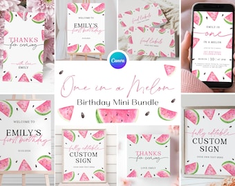 Printable One in a Melon Birthday Party Bundle, Watermelon 1st Birthday Invite Package, Summer Girl Birthday Party Decoration Set BK11