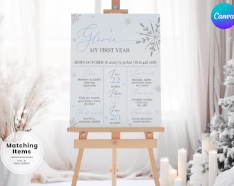 Winter ONEderland födelsedagsmilstolpeaffisch – Snöflinga 1-årsdagstema (redigerbar Canva-mall) SF1
