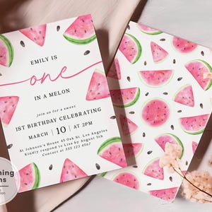 Wassermelone ersten Geburtstagseinladung Set | Bearbeitbar Mädchen Melon 1. Geburtstagseinladung | Ausdruckbare Sommer Wassermelone Bday Invite Pack BK11
