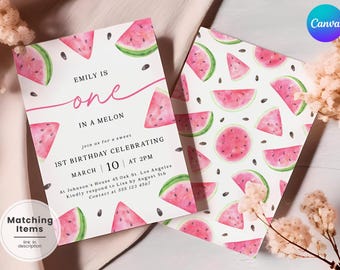 Watermelon First Birthday Invitation Set | Editable Girl Melon 1St Birthday Invitation | Printable Summer Watermelon Bday Invite Pack BK11