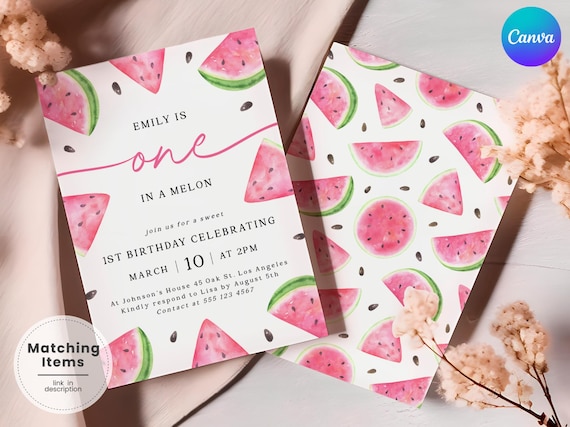 Watermelon First Birthday Invitation Set | Editable Girl Melon 1St Birthday Invitation | Printable Summer Watermelon Bday Invite Pack BK11