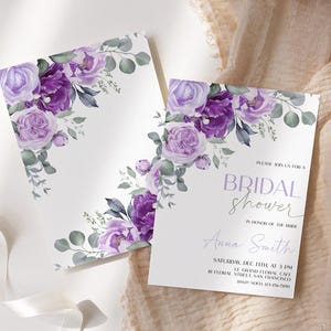 May include: Purple and white floral bridal shower invitation with the text "PLEASE JOIN US FOR A BRIDAL SHOWER IN HONOR OF THE BRIDE Anna Smith SATURDAY, DEC 13TH AT 3 PM LE GRAND FLORAL CAFE AT FLORAL STREET, SAN FRANCISCO (415) 555-7890"