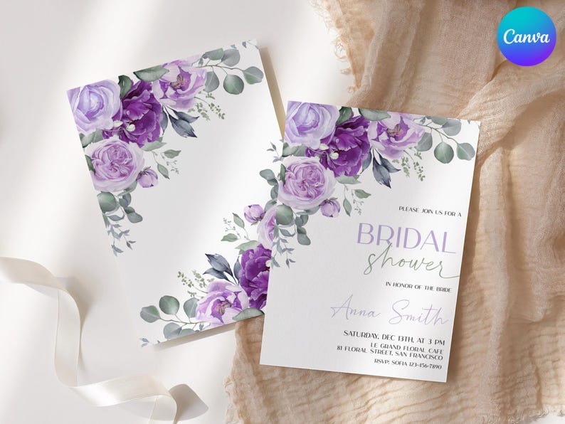 May include: Purple and white floral bridal shower invitation with the text "PLEASE JOIN US FOR A BRIDAL SHOWER IN HONOR OF THE BRIDE Anna Smith SATURDAY, DEC 13TH AT 3 PM LE GRAND FLORAL CAFE AT FLORAL STREET, SAN FRANCISCO (415) 555-7890"