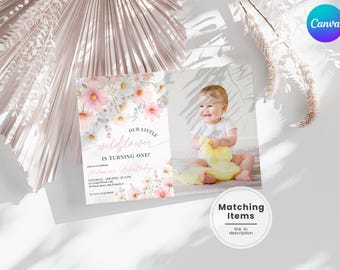 Little Wildflower Photo Invitation – Girl 1st Birthday Picture Card (Editable Canva) NJ1