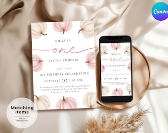 May include: A birthday invitation with a pumpkin theme. The invitation features the text "Emily is one Little Pumpkin" and details for the celebration on October 10th at 2 PM. A smartphone displays the same design.