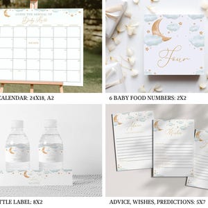 May include: A collection of baby shower stationery featuring a calendar, food numbers, water bottle labels, and advice cards. Designs include a crescent moon, clouds, and stars in gold and blue.