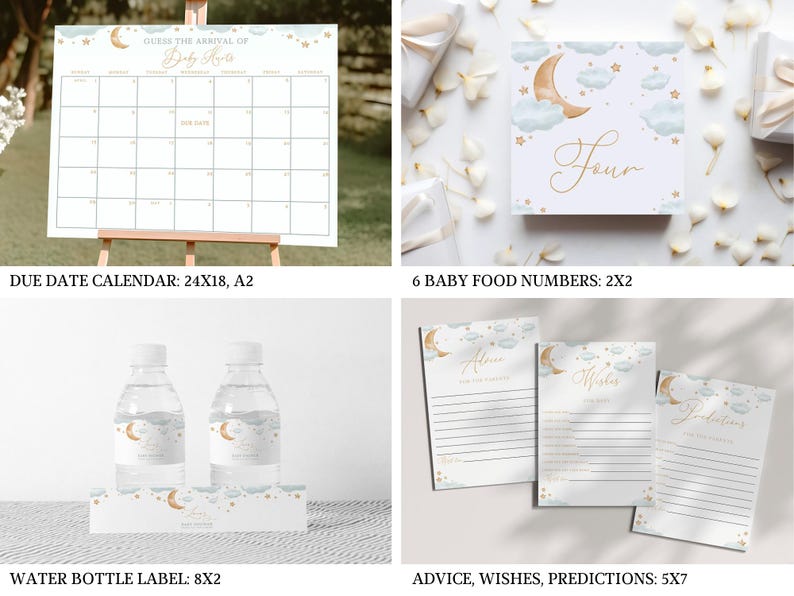 May include: A collection of baby shower stationery featuring a calendar, food numbers, water bottle labels, and advice cards. Designs include a crescent moon, clouds, and stars in gold and blue.