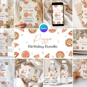 May include: A printable pizza-themed birthday party bundle for a child turning one year old. The bundle includes a welcome sign, invitations, food labels, water bottle labels, thank you tags, and a time capsule card. The design features a watercolor illustration of pizza slices and the text "Oliver is turning one".